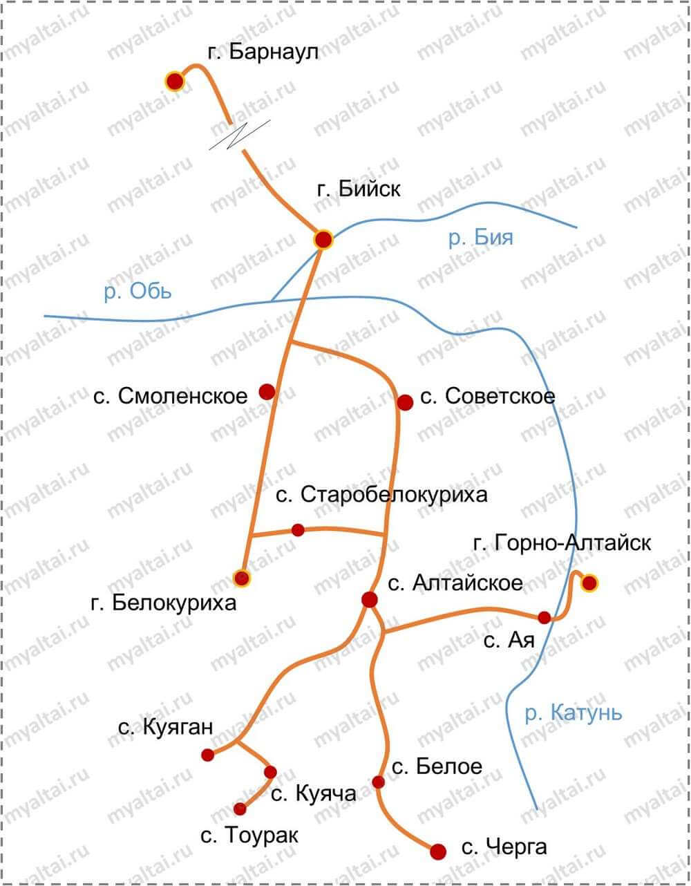 Схема движения автобусов от автовокзала села Алтайское